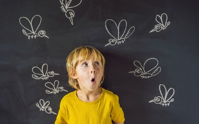 Boy in front of a chalk board with drawings of mosquitos, representing Mosquito Companies in Peoria IL